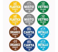 Longivia® Lot de 6 autocollants de collection différenciée format 9,5 cm de diamètre - étiquettes pour conteneurs déchets, en italien et en anglais, - Adhésif pour recyclage lavable, résistant aux