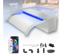 Longrun Kit Cascade de 30cm pour Bassin, Lame de Cascade Courbe en Acier Inoxydable avec LED Bluetooth 7 Couleurs et télécommande, Largeur 25,5cm