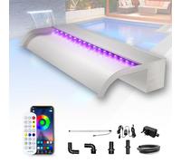 Longrun Kit Cascade de 60cm pour Bassin, Lame de Cascade Courbe en Acier Inoxydable avec LED Bluetooth 7 Couleurs et télécommande, Largeur 25,5cm