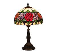 LONGSAND Style Tiffany Rose Pastorale Lampe De Table 12" Vitrail Abat Européenne Vintage Pastoral Floral Bureau Lumière pour Salon Chambre Lampe De Chevet Café Bar Décoratif, E27,B