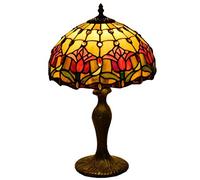 LONGSAND Tiffany Style Tulip Lampe De Table Fait Main en Verre Teinté Lampe De Bureau Européenne Rétro en Alliage D'aluminium De Base Lampes De Bureau pour Living Room Chambre Nuit Cafe Bar, Rouge