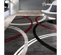 LONGSAO Tapis Design Moderne Poils Court Tapis 70 x 100 cm Interieur Exterieur Antidérapant et Lavable Tapis Géométrie rétro Noir Gris Rouge