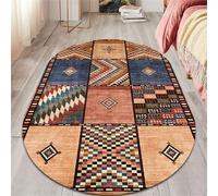 LONGSAO Tapis Ovale Antidérapant Tapis Lavable Tapis Chaise pour décor de D'intérieur Carrés Géométriques Vintage Patchwork Bleu Marron，90 x 160 cm