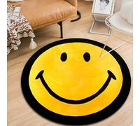 LONGSAO Tapis Rond Lavable Grand Antidérapant Tapis Smiley Jaune avec Bordure Noire pour Chambre d'enfant Salon Chambre Canapé Natte Décor de D'intérieur, ø 120 cm