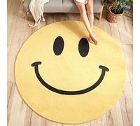 LONGSAO Tapis Rond Lavable, Interieur Chambre à Coucher Salon Tapis Entrée Absorbant Antidérapant Fashion Jaune Noir Happy Smiley, ø 100CM