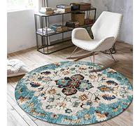 LONGSAO Tapis Rond Salon ø 180 cm Chambre Anti Slip Doux Tapis Couloir Grand pour Chambre Décor de D'intérieur Style Ethnique rétro Floral Bleu et Jaune