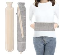 Longue Bouteille avec Peluche Housse, Grande Bouillotte eau Chaude 2 Litres avec Housse à Fermeture éclair, Gris Caoutchouc Bouillotte Longue Lit, Lôgue Hot Water Bottle avec Sangle