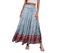 Longue Jupe Femme Boho Imprimé Floral Taille Haute Élégante Jupon Dress Ete de Plage A Ligne Midi Plissee Loisir Jupes Bleu Ciel L