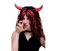 Longue perruque bouclée, rouge et noir, avec cornes, diable, diablesse, ideal pour carnaval ou Halloween