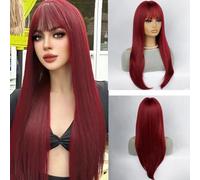 Longue Perruque Droite Cosplay Perruques Pour Femmes Quotidienne Wig Droite, Vin Rouge