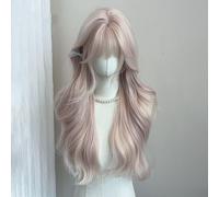 Longue perruque rose ondulée avec frange
