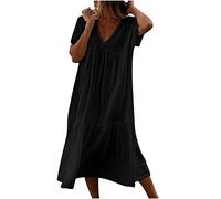 Longue Robe Cotton Blanche en Col V Pas Cher Grande Taille Rétro Maxi Lâche Couleur Unie Bohème Ete Mi-Longue Dress pour Fêter Robe de Vacances à la Plage