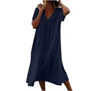 Longue Robe Cotton en Line Blanche Col en V Ete Pas Cher Grande Taille Robe Rétro Maxi Robe Lâche Couleur Unie Bohème Ete Mi-Longue Dress pour Fêter Robe de Vacances à la Plage Ete Pas Cher
