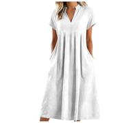 Longue Robe Cotton En Line Blanche éTé Grande Taille RéTro Maxi LâChe Couleur Unie BohèMe Mi Longue Dress Pour FêTer Vacances à La Plage Femmes éTé Large Coton Lin Manches Courtes Confort Robe