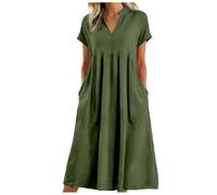 Longue Robe Cotton en Line Blanche Été Grande Taille Rétro Maxi Lâche Couleur Unie Bohème Mi Longue Dress Pour Fêter Vacances à la Plage Femmes Été Large Coton Lin Manches Courtes (b-Green, XL)