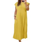 Longue robe plissée simple de couleur unie pour femme, à col rond, ample, pour l'été, jaune, M
