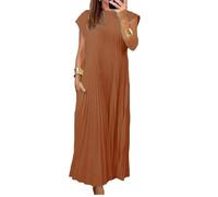 Longue robe plissée simple de couleur unie pour femme, à col rond, ample, pour l'été, marron, M