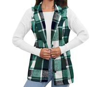 Longue Veste Carreau 2024 Autumn and Winter New Women's Hot Printed Plaid Fashion Women's Lapel Suit Vest Plaid Jacket Veste Courte Mouton (Green, M)