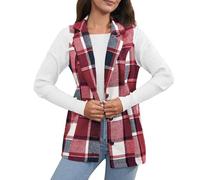 Longue Veste Carreau 2024 Autumn and Winter New Women's Hot Printed Plaid Fashion Women's Lapel Suit Vest Plaid Jacket Veste Courte Mouton (Red, S)