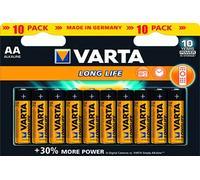 VARTA Piles AA, lot de 10, Longlife, Alcalines, 1,5V, adaptées aux télécommandes, réveils, radios, horloges murales, Made in Germany