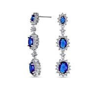 Longues boucles d'oreilles chandelier triple ovale halo bleu royal simulé saphir CZ pour femmes élégantes plaquées argent avec zircon cubique étincelant