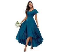 Longueur thé mère de la mariée robes pour mariage manches volants mousseline dentelle longue robe de soirée, paon, 44