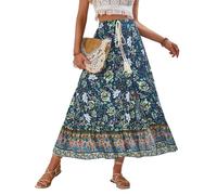 Longwu Jupe bohème pour femme - Jupe d'été - Imprimé floral - Style bohème - Taille élastique - Jupe midi fluide, Bleu foncé 2., S