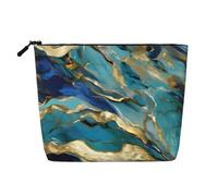 Longzehao Grande capacité Azurite, bleu sarcelle et feuille d'or à motif marbré à l'huile, faux chanvre, trousse de maquillage, trousse de voyage, trousse de toilette avec fermeture éclair, noir,