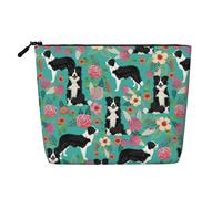 Longzehao Grande capacité Border Collie Florals Print Faux Chanvre, Trousse de Maquillage, Pochette de voyage, Trousse de toilette zippée, Noir, Taille unique, Noir, One size