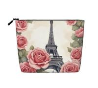 Longzehao Grande capacité Tour Eiffel Rose Fleur Imprimer Faux Chanvre, Trousse de Maquillage, Pochette Sac de Voyage, Trousse de Toilette avec Fermeture éclair, Noir, Taille Unique, Noir, Taille