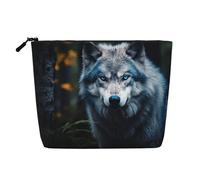 Longzehao Grande capacité yeux bleus Wolf1 impression faux chanvre, trousse de maquillage, sac de voyage, trousse de toilette zippée, noir, taille unique, noir, taille unique, Noir, One size