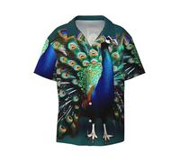 Longzehao Magnifique chemise à manches courtes boutonnée pour homme avec imprimé paon - Chemise d'été hawaïenne décontractée pour les vacances et la plage, Noir/blanc, XXL