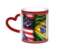 Longzehao Tasse en céramique avec imprimé drapeaux américains et brésiliens dans le ciel, tasse à café qui change de chaleur.