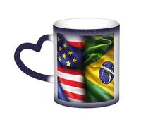 Longzehao Tasse en céramique avec imprimé drapeaux américains et brésiliens dans le ciel, tasse à café qui change de chaleur.