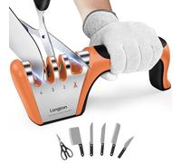 longzon 4 en 1 Aiguiseur Couteaux Professionnel, Gants Anti-Coupure Inclus | Affuteur Couteau Manuel, Affûteur simple et efficace, ravive les lames émoussées, poignée confortable-Orange