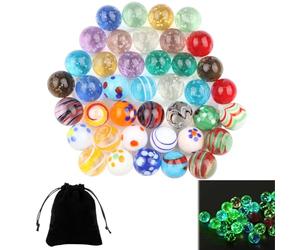 LongZYU 40 Pièces Billes en Verre Multicolore Bille Calot Rare 16 mm inclure 20 Billes Phosphorescentes Enfant et 20 Galots Billes Colorées pour Projets de Bricolage Enfants Jeu Décoration Maison