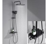 Lonheo Colonne de Douche Noir Thermostatique, Mitigeur Douche avec Tablette, Colonne de Douche avec Pomme Douche de Tête 30x19cm et Douchette 3 Jets, Barre de Douche Hauteur Réglable 88-124cm