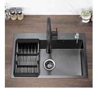 Lonheo Évier 1 Bac 68x45x19CM Évier à Encastrer en Inox Évier Cuisine Noir avec Distrubuteur de savon et Égouttoir panier