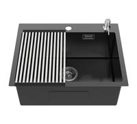 Lonheo Évier Cuisine Noir 58 x 45 CM, Lavabo Cuisine 1 Bac avec Égouttoir et Distributeur de Savon, Acier inoxydable, Montage à Encastrer ou à Fleur