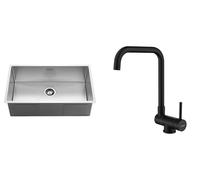 Lonheo Évier de cuisine 74 x 44 cm brossé + robinet de cuisine pliable en forme de L noir