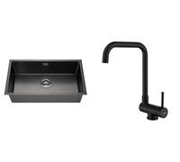 Lonheo Évier de cuisine 74 x 44 cm noir + robinet de cuisine pliable en forme de L noir