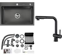 Lonheo Evier de cuisine en acier inoxydable pour dessous d'armoire 70 cm + robinet de cuisine extractible à haute pression, évier encastré 68 x 45 cm, grand évier de cuisine, incl. distributeur de sav