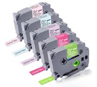 Lonitul Ruban adhésif 5P compatible avec Brother P Touch TZe-MQP35 G35 F31 E31 MQ531 TZ laminé 12 mm (blanc/rose baie/vert citron, rose pastel/violet/bleu) pour Brother PTD210 PTD400 PTP300BT