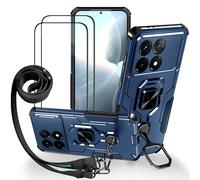 Lonjanfon Outdoor Coque avec Cordon pour Xiaomi Poco X6 Pro/Redmi K70E,Support 360°Rotatif,2 HD Verre Trempé, Militaire Antichoc Housse Etui pour Xiaomi Poco X6 Pro 5G/Redmi K70E 5G - Bleu