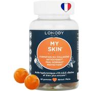 Lonody - Complement Alimentaire Peau, Booster Collagene, Acide Hyaluronique, Anti Rides, Antioxydant, Visage - Gummies Belle Peau Vitamine C, Zinc Lycopene Fruits, Sans Sucre Vegan, France - 1 mois