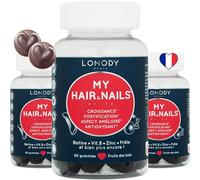 LONODY, Gummies Cheveux et Ongles, Pousse, Croissance, Fortifiant, Renforce la fibre capillaire, Biotine, Zinc, Sélénium, 6 Vitamines, Complément Alimentaire Sans Sucre My Hair & Nails, 3 mois