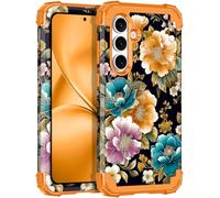 LONTECT Coque pour Galaxy S25 FE 5G Grow in the Dark Antichoc 3 en 1 Robuste Hybride Robuste Résistant aux impacts Résistant aux chutes Coque de protection Motif fleurs Grow in the Dark Orange