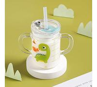 LONTG Tasse à Lait en Verre Tasse d'eau avec Paille Silicone Verre à Boire avec Double Poignée Échelle Gobelet de Couvercle Anti-fuite Mug avec Motif Dessiné 300ML 14 Ans et Plus