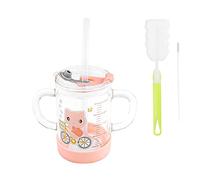 LONTG Tasse à Lait en Verre Tasse d'eau avec Paille Silicone Verre à Boire avec Double Poignée Échelle Gobelet de Couvercle Anti-fuite Mug avec Motif Dessiné 300ML 14 Ans et Plus