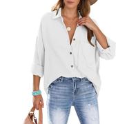 Lonya Chemisiers Blouse Femme Élégant Chemise Blanc Femme Décontractée avec col en V Manches Longues 100% Coton Coupe Ample Haut Solide Boutons Top avec Poche, Blanc, XL